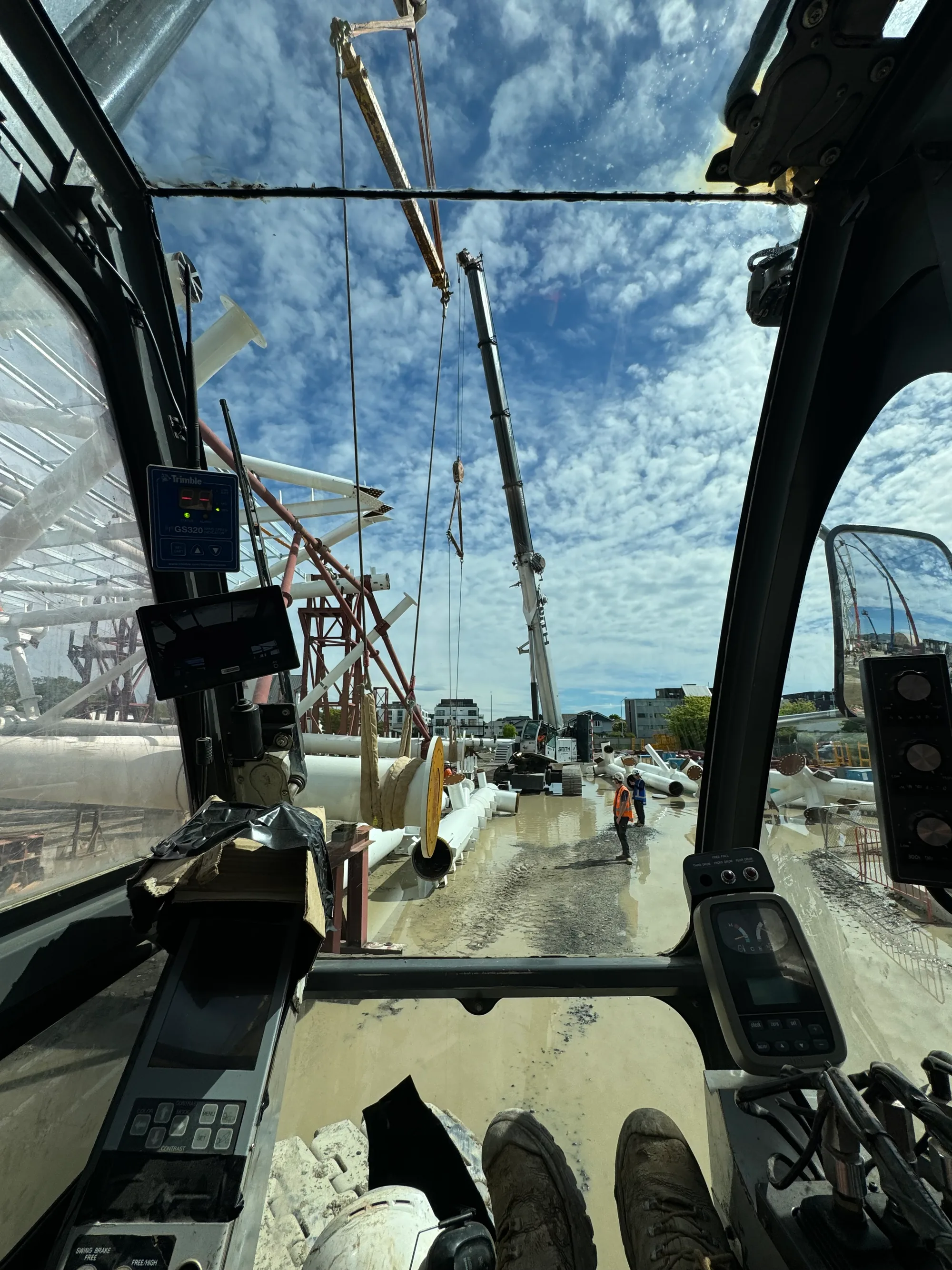 Crawler crane operator view on civil infrastructure project