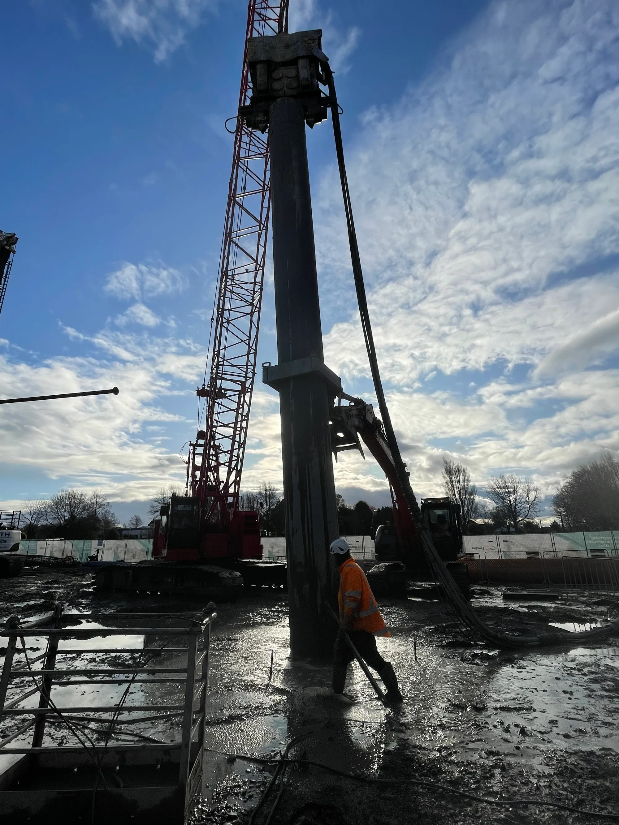 Crawler crane pile driving operation, Canterbury civil construction